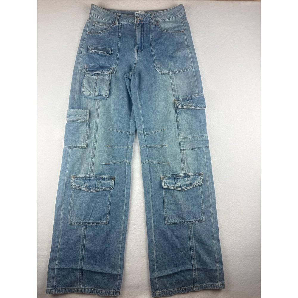 Forever 21 Women's 27 Blue Light Wash Wide Leg Cargo Jeans Utility Streetwear